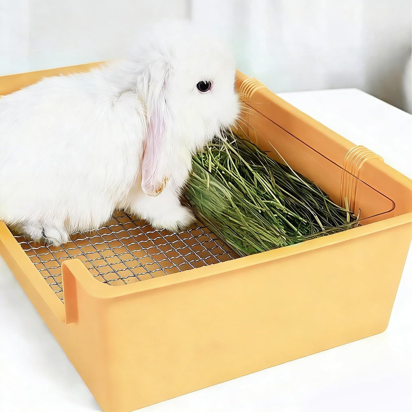 Stainless Steel Gird Rabbit Litter Box, Bunny Litter Pan with Hay Feeder & 20Pcs Disposable Pee Pads, Corner Potty Tray for Small Animals Rabbits Guinea Pigs Ferrets (15.4x11.2x4.8 inch)