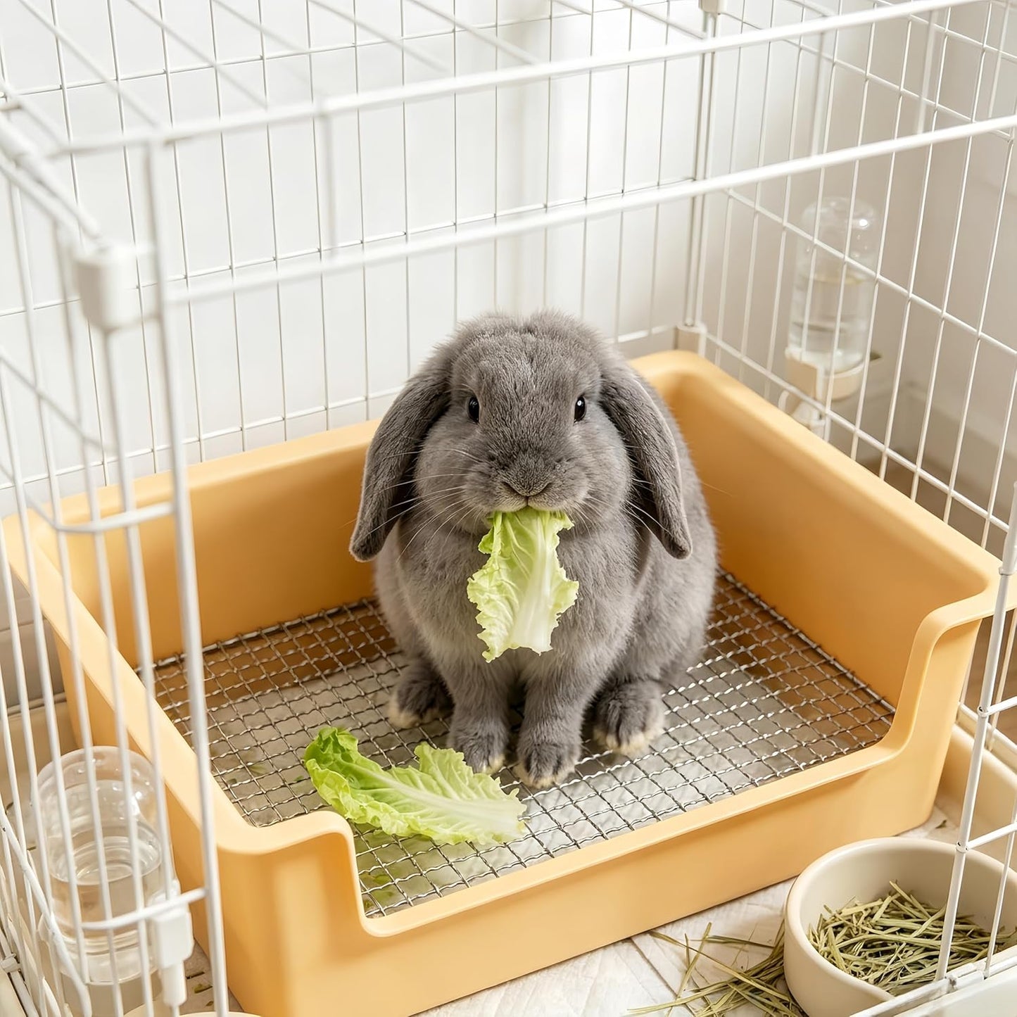 Stainless Steel Gird Rabbit Litter Box, Bunny Litter Pan with Hay Feeder & 20Pcs Disposable Pee Pads, Corner Potty Tray for Small Animals Rabbits Guinea Pigs Ferrets (15.4x11.2x4.8 inch)