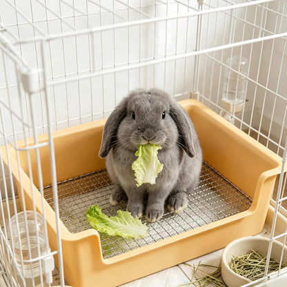 Stainless Steel Gird Rabbit Litter Box, Bunny Litter Pan with Hay Feeder & 20Pcs Disposable Pee Pads, Corner Potty Tray for Small Animals Rabbits Guinea Pigs Ferrets (15.4x11.2x4.8 inch)