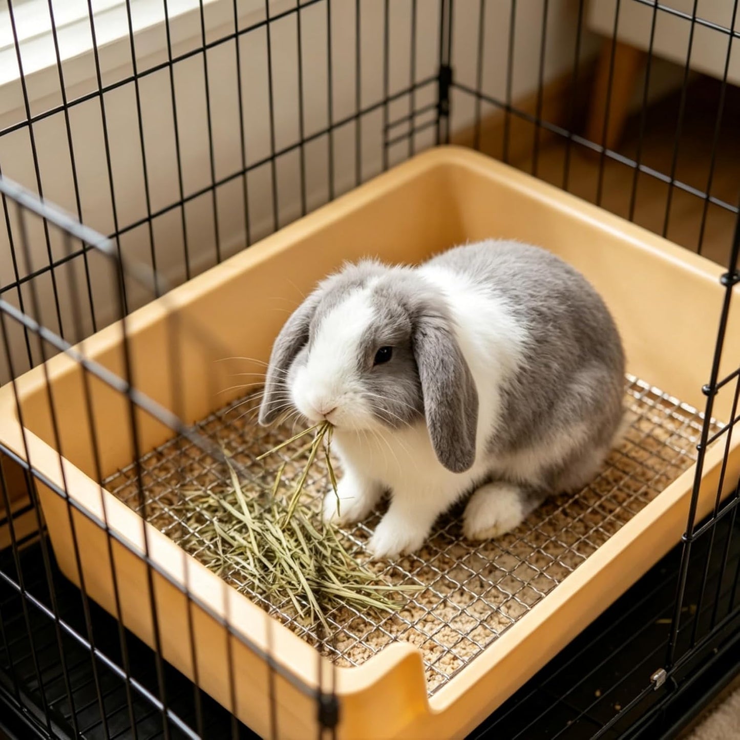 Stainless Steel Gird Rabbit Litter Box, Bunny Litter Pan with Hay Feeder & 20Pcs Disposable Pee Pads, Corner Potty Tray for Small Animals Rabbits Guinea Pigs Ferrets (15.4x11.2x4.8 inch)
