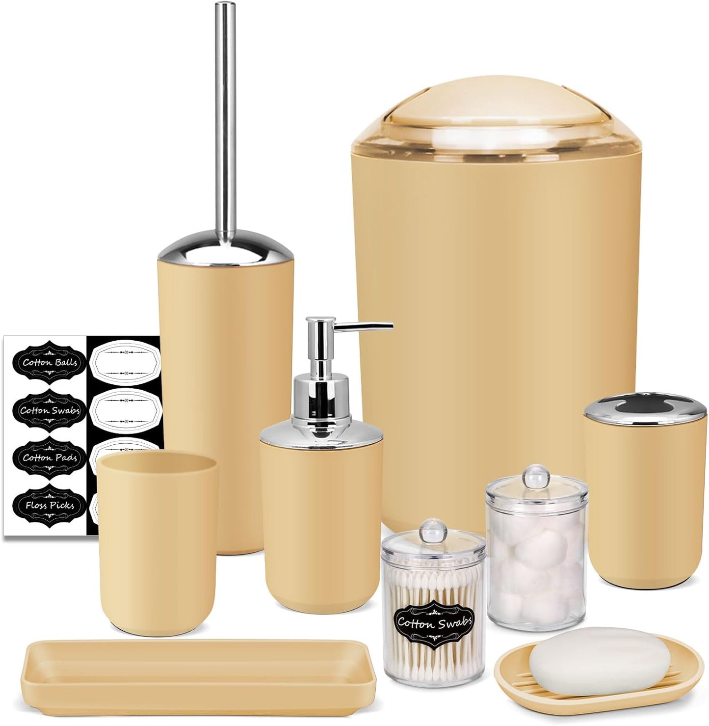 Bathroom Accessories Set,Yellow Bathroom Set,9 Pieces Bathroom Accessory Set,Tray,Qtip Holders,Toilet Brush,Trash Can for Bathroom Décor and Home Gifts