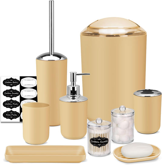 Bathroom Accessories Set,Yellow Bathroom Set,9 Pieces Bathroom Accessory Set,Tray,Qtip Holders,Toilet Brush,Trash Can for Bathroom Décor and Home Gifts
