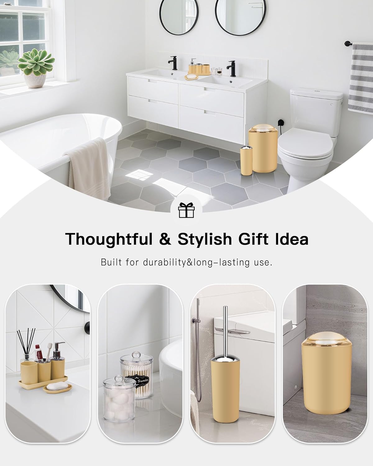 Bathroom Accessories Set,Yellow Bathroom Set,9 Pieces Bathroom Accessory Set,Tray,Qtip Holders,Toilet Brush,Trash Can for Bathroom Décor and Home Gifts