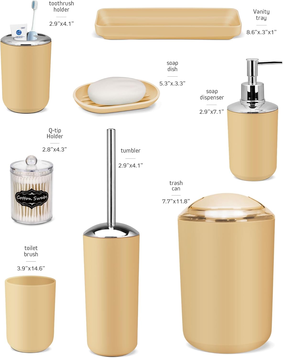 Bathroom Accessories Set,Yellow Bathroom Set,9 Pieces Bathroom Accessory Set,Tray,Qtip Holders,Toilet Brush,Trash Can for Bathroom Décor and Home Gifts