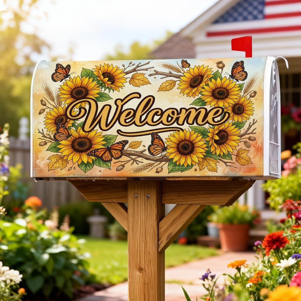 Sunflower Magnetic Mailbox Covers, Rustic Farmhouse Butterfly Welcome Summer Yellow Mail Box Covering for Garden Yard Decor 18x21 Inch