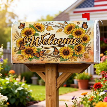 Sunflower Magnetic Mailbox Covers, Rustic Farmhouse Butterfly Welcome Summer Yellow Mail Box Covering for Garden Yard Decor 18x21 Inch