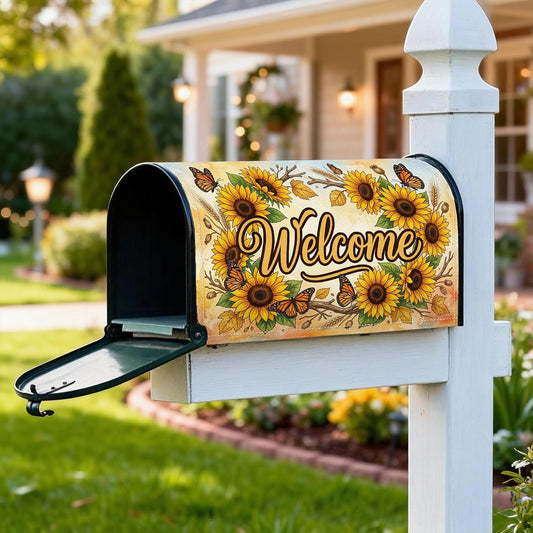 Sunflower Magnetic Mailbox Covers, Rustic Farmhouse Butterfly Welcome Summer Yellow Mail Box Covering for Garden Yard Decor 18x21 Inch
