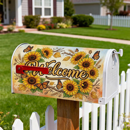 Sunflower Magnetic Mailbox Covers, Rustic Farmhouse Butterfly Welcome Summer Yellow Mail Box Covering for Garden Yard Decor 18x21 Inch