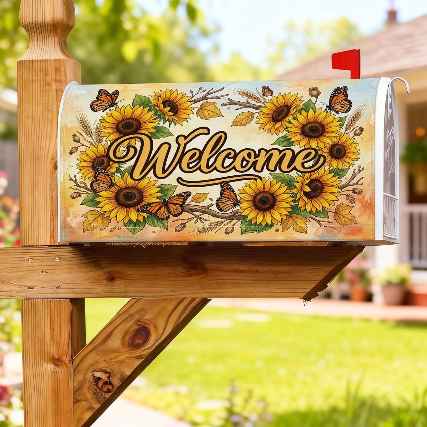 Sunflower Magnetic Mailbox Covers, Rustic Farmhouse Butterfly Welcome Summer Yellow Mail Box Covering for Garden Yard Decor 18x21 Inch