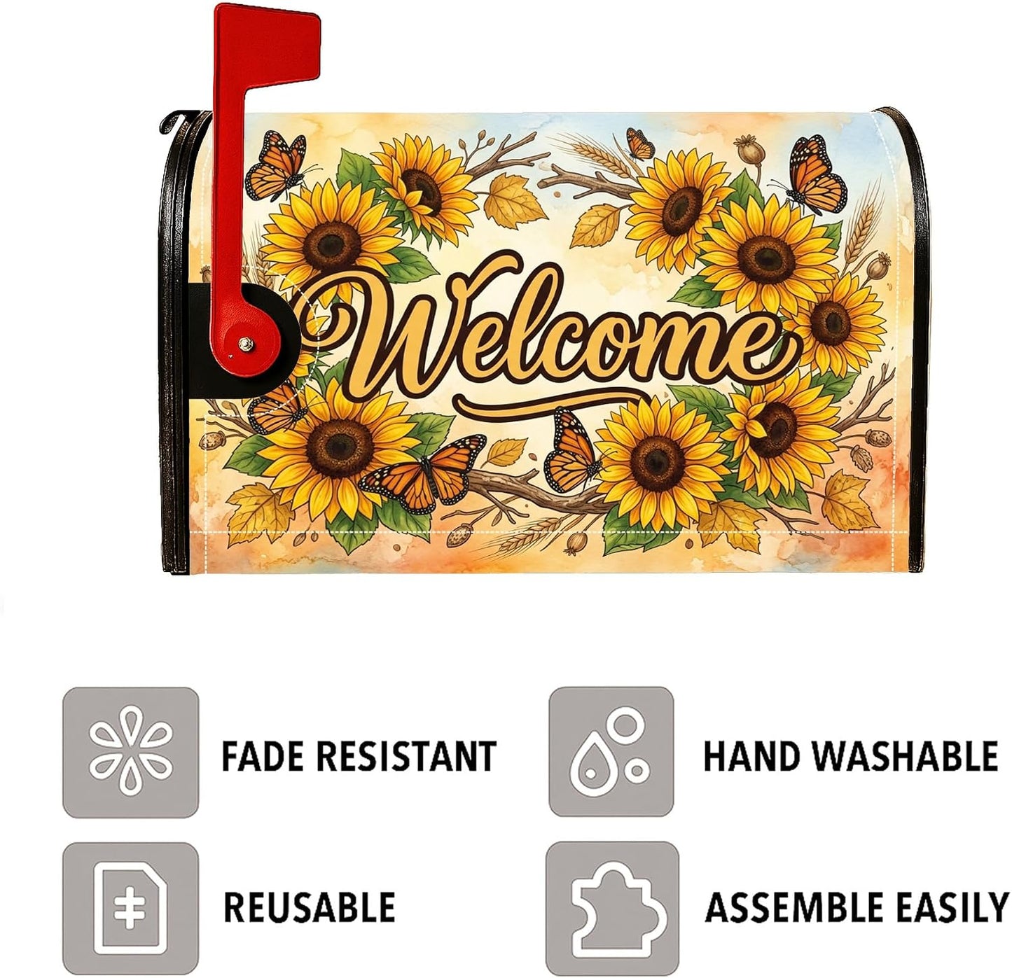 Sunflower Magnetic Mailbox Covers, Rustic Farmhouse Butterfly Welcome Summer Yellow Mail Box Covering for Garden Yard Decor 18x21 Inch