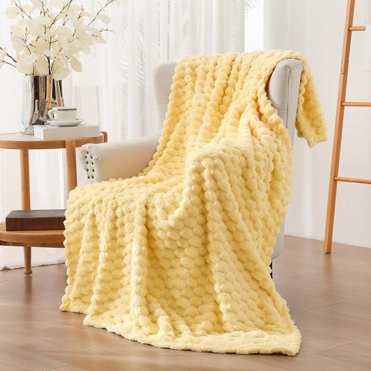 Flannel Fleece Throw Blanket, 3D Jacquard Light Yellow Fuzzy and Warm Blanket for Couch, Sofa, Bed, 300GSM Super Soft Touch Cozy Home Decor for All Seasons (50x70 inches)
