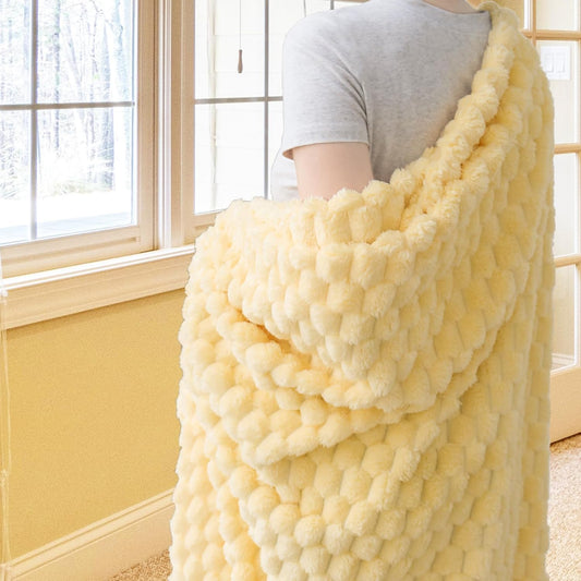 Flannel Fleece Throw Blanket, 3D Jacquard Light Yellow Fuzzy and Warm Blanket for Couch, Sofa, Bed, 300GSM Super Soft Touch Cozy Home Decor for All Seasons (50x70 inches)