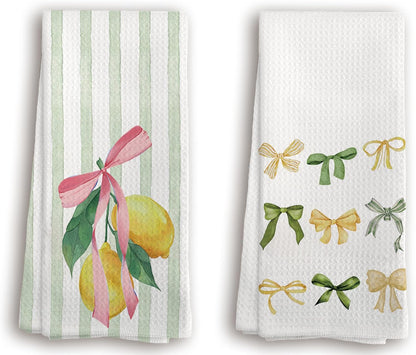Sweet Lemon Pink Bow Summer Kitchen Towels, Lemon Kitchen Towels for Bathroom, Summer Decorations for Home Set of 2