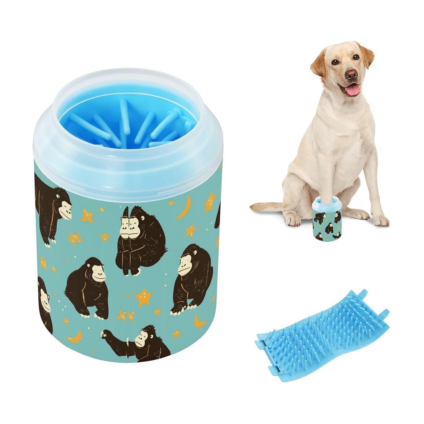 Black Gorilla Yellow Stars Portable Mud Paw Clean Station with Silicone Brush Soft Pets Cleaning Kit for Small Medium Large Breed Dogs, Cats