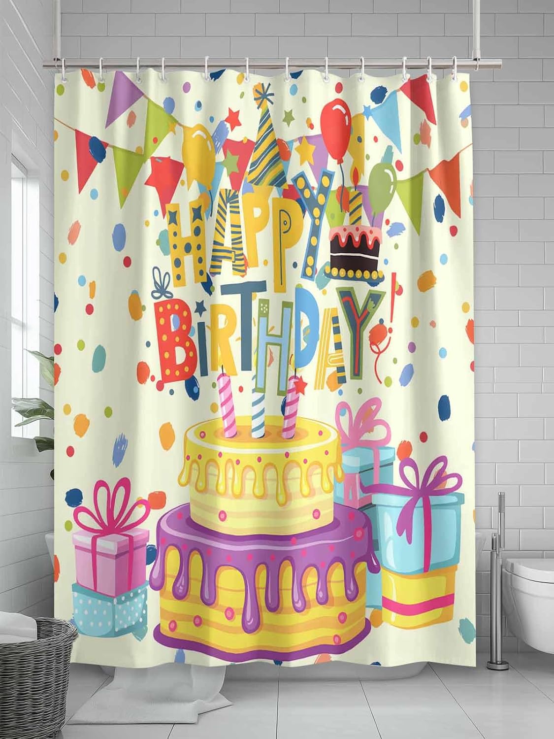 Birthday Theme Shower Curtains for Bathroom 60" x 72", Waterproof Fabric Shower Curtain with Hooks, Cute Cartoon Bathroom Decor Accessories, Polyester Shower Curtain Set