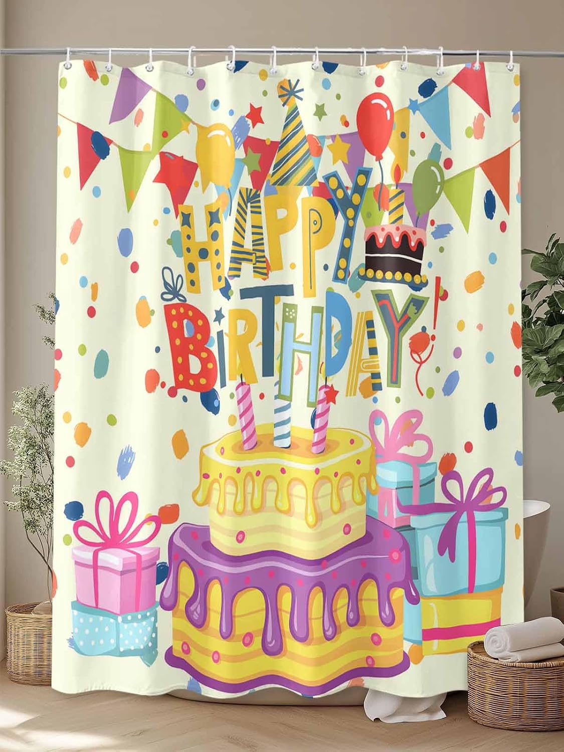 Birthday Theme Shower Curtains for Bathroom 60" x 72", Waterproof Fabric Shower Curtain with Hooks, Cute Cartoon Bathroom Decor Accessories, Polyester Shower Curtain Set