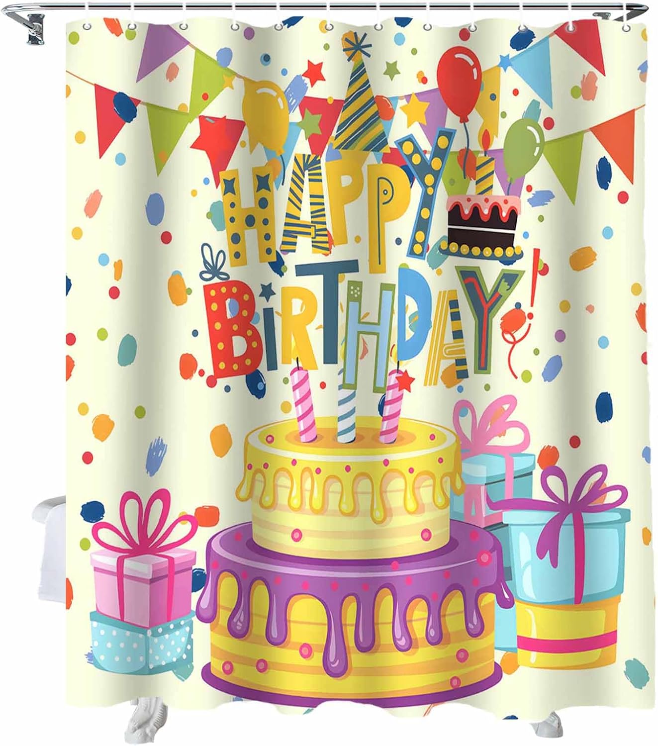 Birthday Theme Shower Curtains for Bathroom 60" x 72", Waterproof Fabric Shower Curtain with Hooks, Cute Cartoon Bathroom Decor Accessories, Polyester Shower Curtain Set