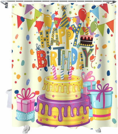 Birthday Theme Shower Curtains for Bathroom 60" x 72", Waterproof Fabric Shower Curtain with Hooks, Cute Cartoon Bathroom Decor Accessories, Polyester Shower Curtain Set