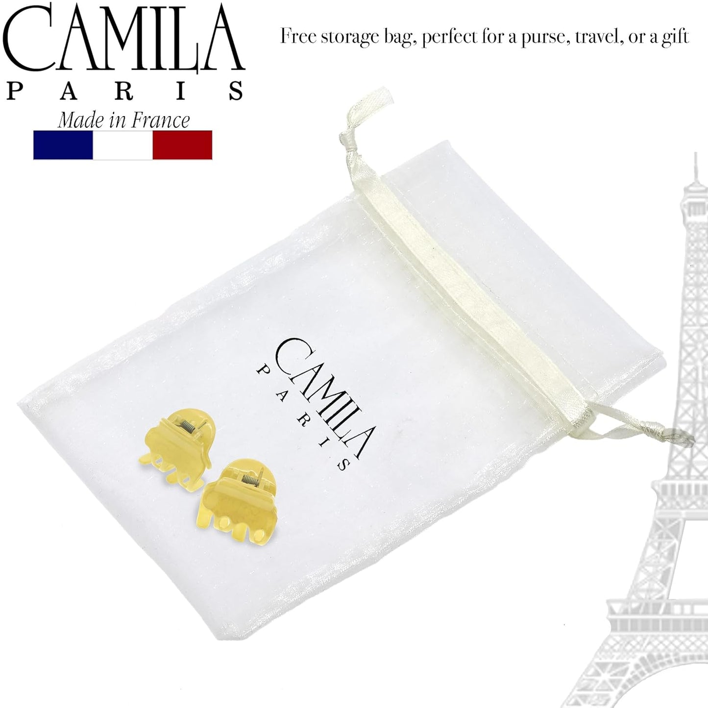 CP3132 French Hair Clip for Women, Set of 2 Small Yellow Girls Hair Claw Clips Fashion Durable Hair Accessories for Women, Luxury Ladies Strong Hold No Slip Grip Clamp, Made in France