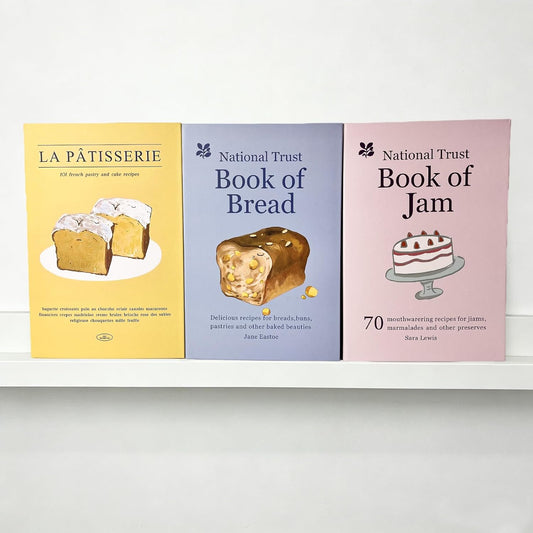 Faux Books for Decor Set of 3, Hollow Core Paperboard Decorative Books, Pink Blue Yellow Pastel Colors with Cake & Bread Art Stackable Decor for Coffee Table, Bookshelf & Mantel Styling