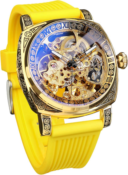Watches for Man, Square Retro Mechanical Watch Self-Wind Carved, Skeleton Automatic Watches Vintage Leather Strap Wristwatch