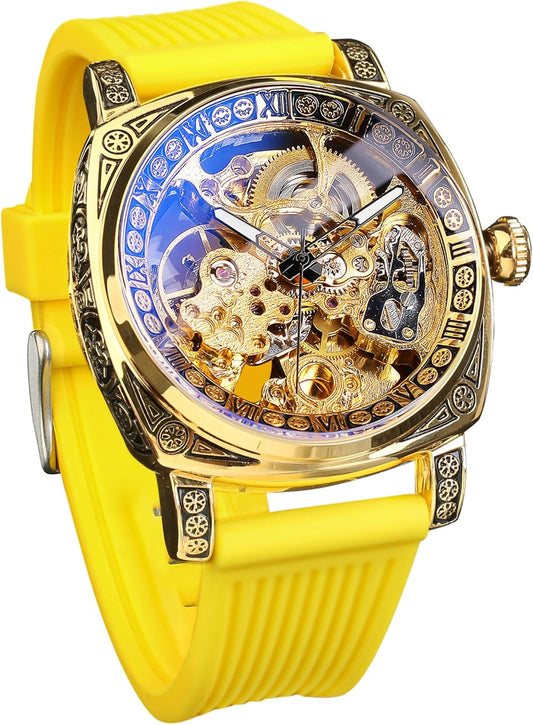 Watches for Man, Square Retro Mechanical Watch Self-Wind Carved, Skeleton Automatic Watches Vintage Leather Strap Wristwatch