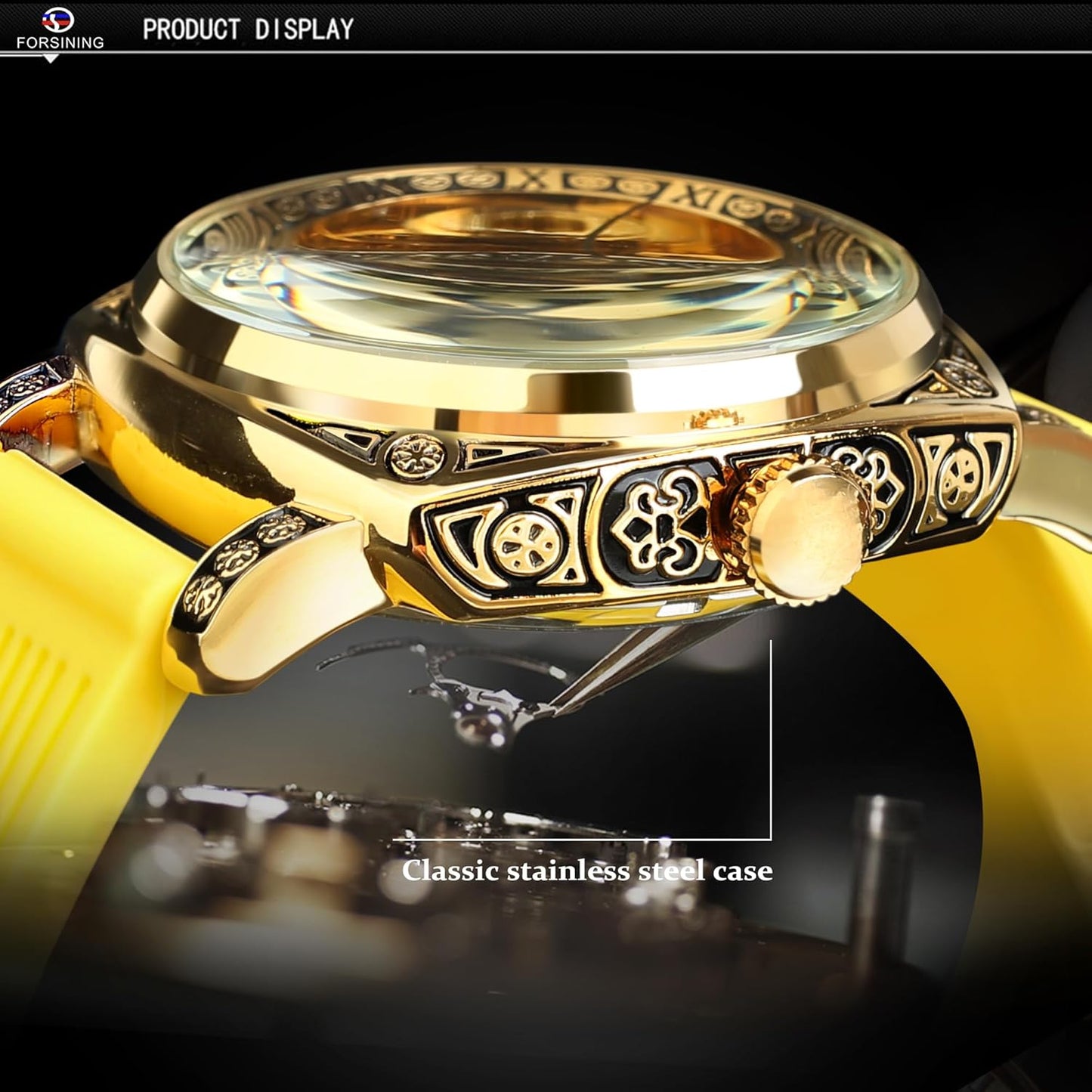Watches for Man, Square Retro Mechanical Watch Self-Wind Carved, Skeleton Automatic Watches Vintage Leather Strap Wristwatch