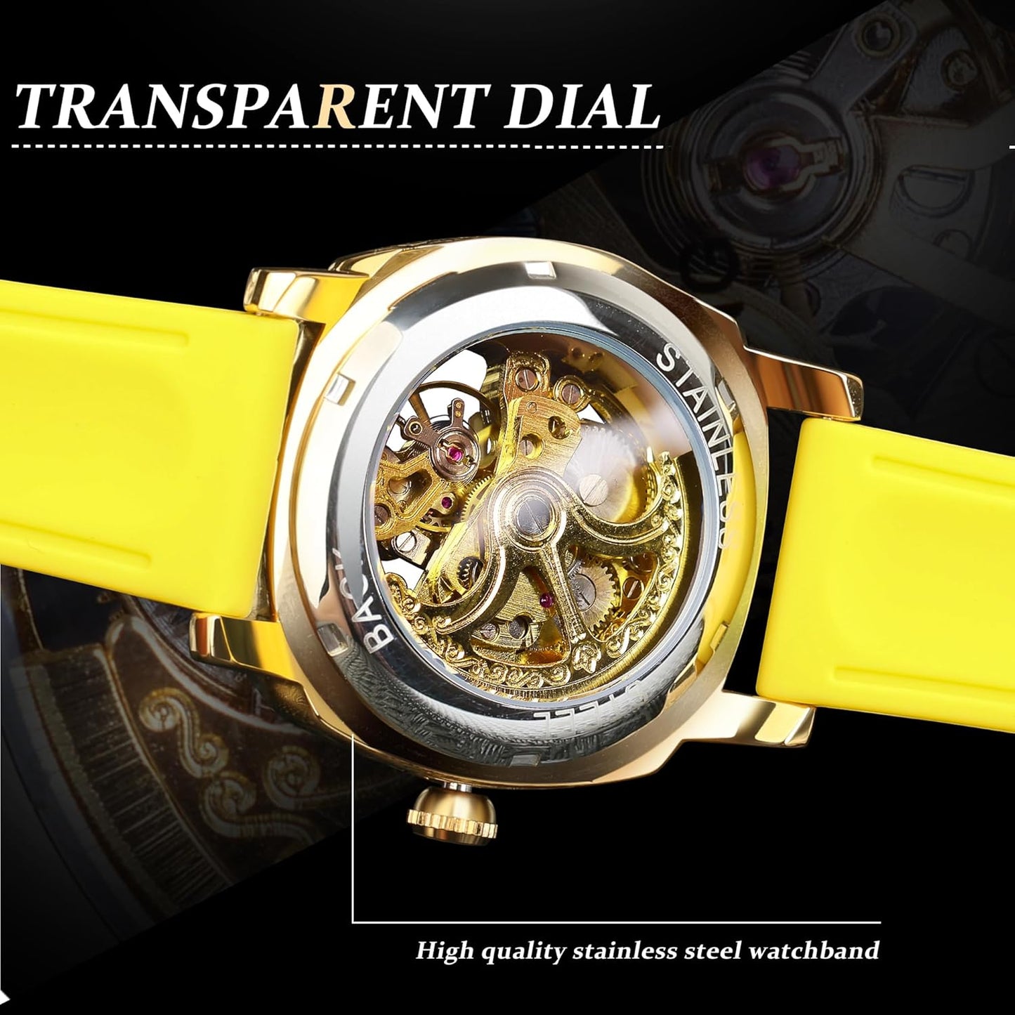 Watches for Man, Square Retro Mechanical Watch Self-Wind Carved, Skeleton Automatic Watches Vintage Leather Strap Wristwatch