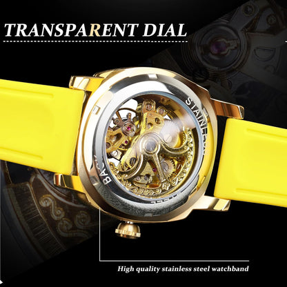 Watches for Man, Square Retro Mechanical Watch Self-Wind Carved, Skeleton Automatic Watches Vintage Leather Strap Wristwatch