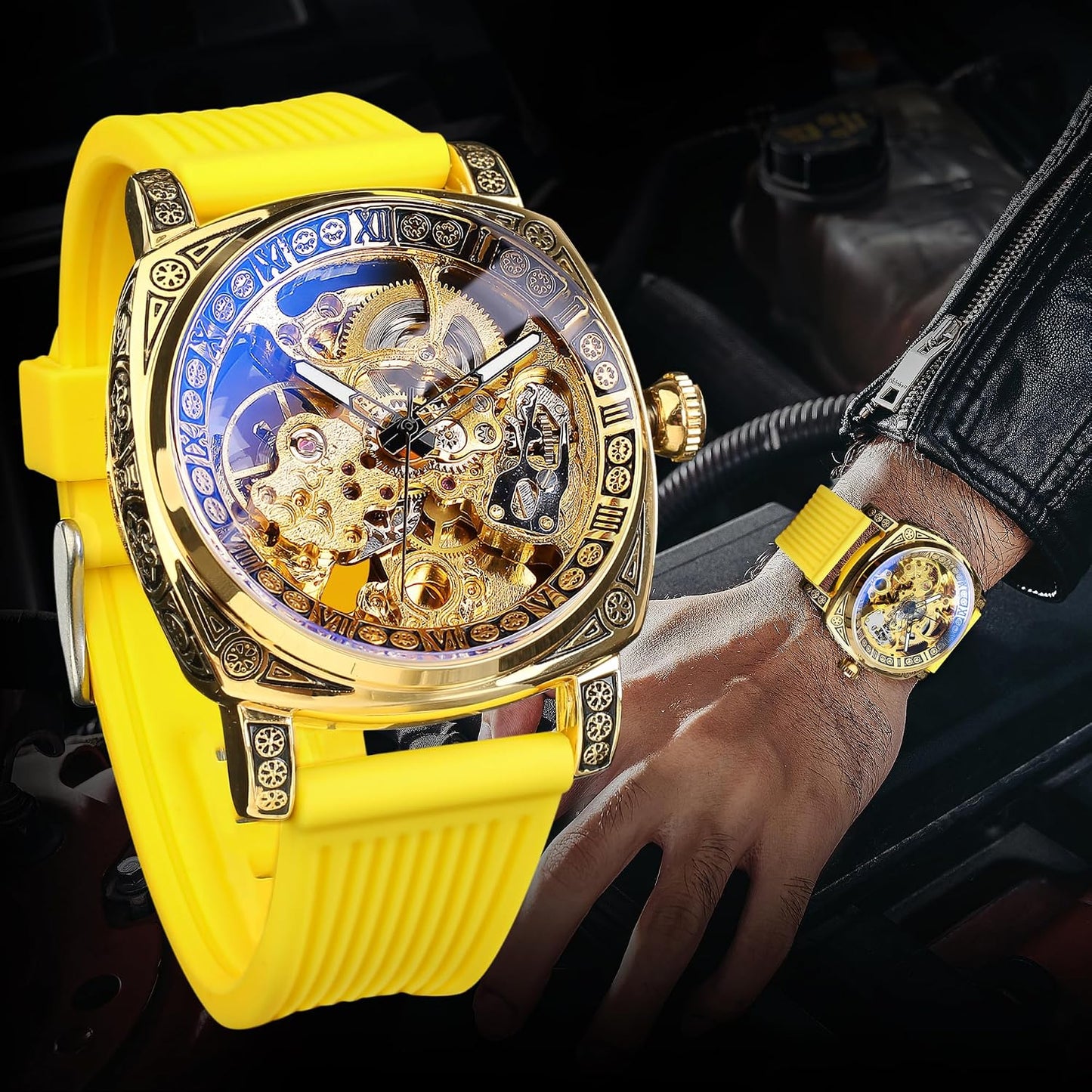 Watches for Man, Square Retro Mechanical Watch Self-Wind Carved, Skeleton Automatic Watches Vintage Leather Strap Wristwatch