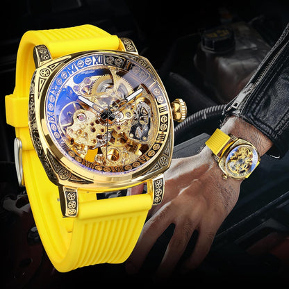 Watches for Man, Square Retro Mechanical Watch Self-Wind Carved, Skeleton Automatic Watches Vintage Leather Strap Wristwatch