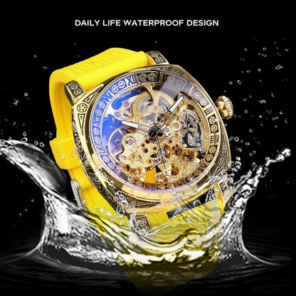 Watches for Man, Square Retro Mechanical Watch Self-Wind Carved, Skeleton Automatic Watches Vintage Leather Strap Wristwatch