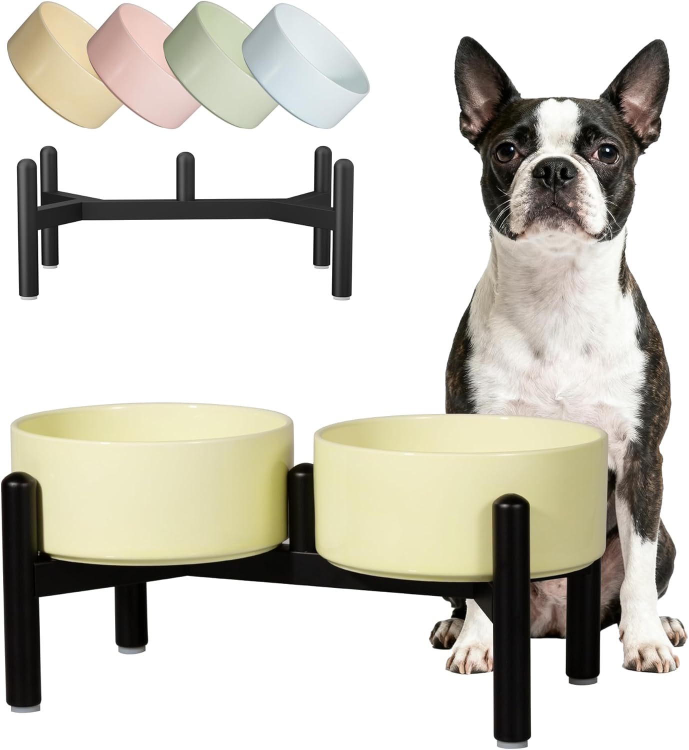 Ceramic Elevated Dog Bowl Set - Dog Feeder Station with Cute-Style Double Bowls for Small and Medium Size Breed - Non-Slip Raised Dish for Food and Water Feeding- 6 Inch - 3.5 Cups / 20 fl oz - Yellow