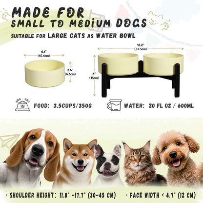 Ceramic Elevated Dog Bowl Set - Dog Feeder Station with Cute-Style Double Bowls for Small and Medium Size Breed - Non-Slip Raised Dish for Food and Water Feeding- 6 Inch - 3.5 Cups / 20 fl oz - Yellow