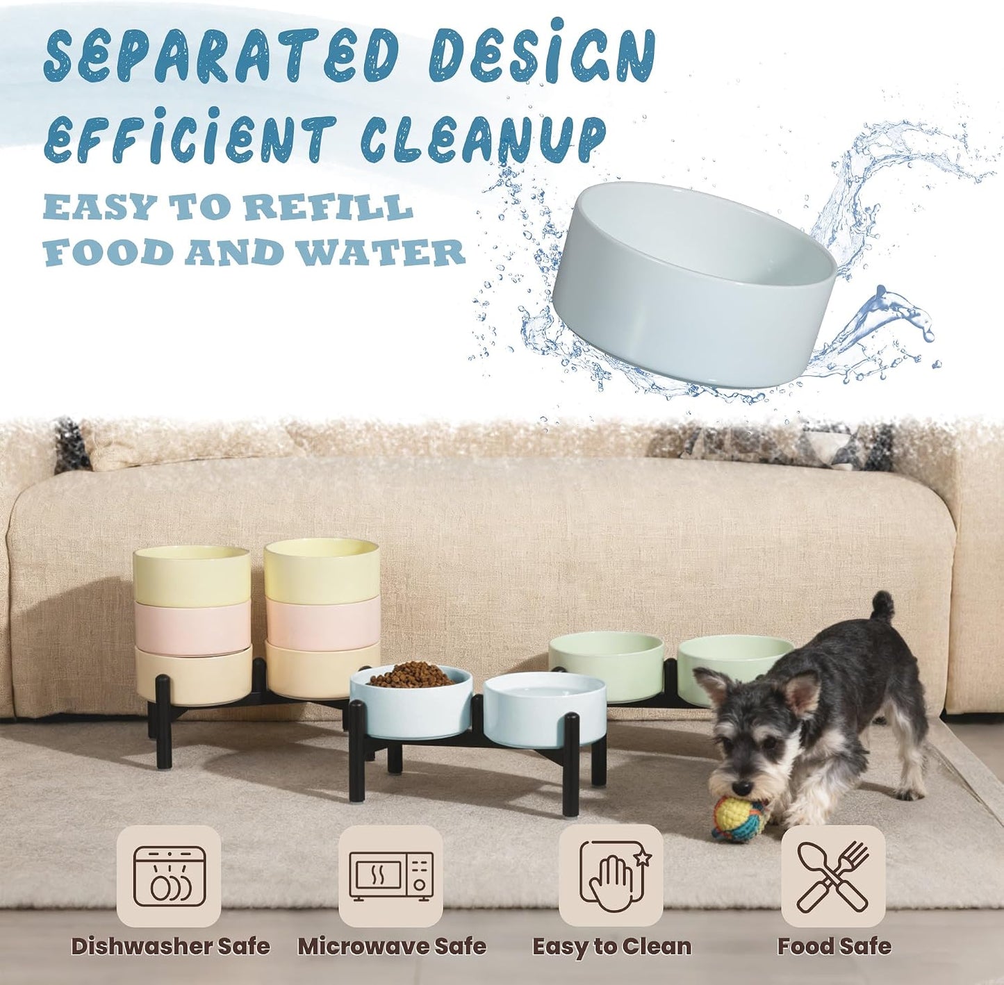 Ceramic Elevated Dog Bowl Set - Dog Feeder Station with Cute-Style Double Bowls for Small and Medium Size Breed - Non-Slip Raised Dish for Food and Water Feeding- 6 Inch - 3.5 Cups / 20 fl oz - Yellow