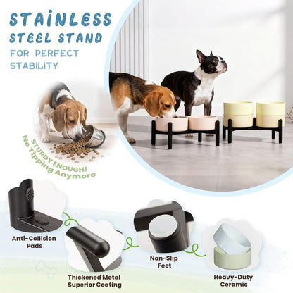 Ceramic Elevated Dog Bowl Set - Dog Feeder Station with Cute-Style Double Bowls for Small and Medium Size Breed - Non-Slip Raised Dish for Food and Water Feeding- 6 Inch - 3.5 Cups / 20 fl oz - Yellow
