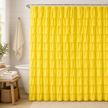 Ruffle Shower Curtain,84-inches Extra Long, Yellow Ruffled Bath Curtains for Bathroom, Fabric Farmhouse Decor, Soft Touch Decorative Cloth Texture, (72 inch Wide,1 Panel)