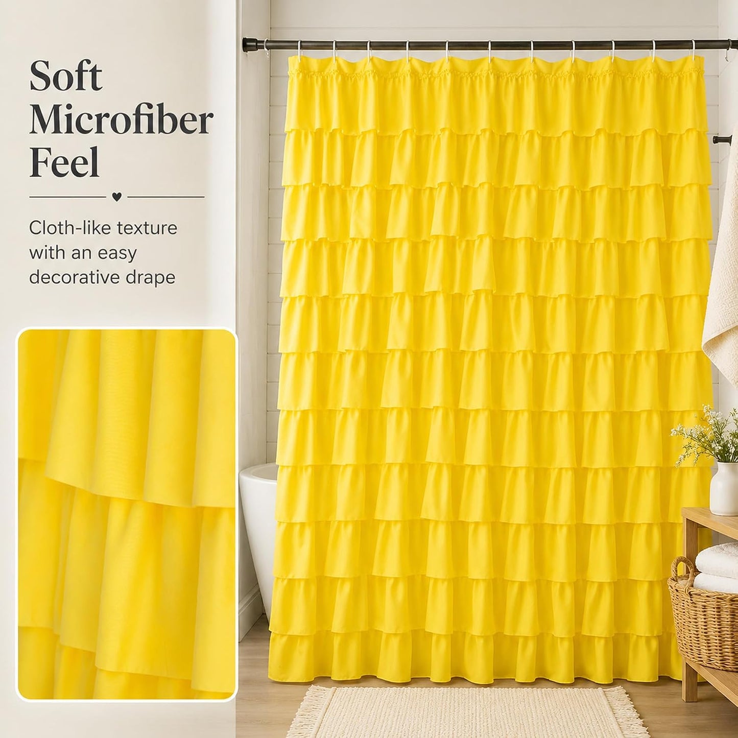 Ruffle Shower Curtain,84-inches Extra Long, Yellow Ruffled Bath Curtains for Bathroom, Fabric Farmhouse Decor, Soft Touch Decorative Cloth Texture, (72 inch Wide,1 Panel)