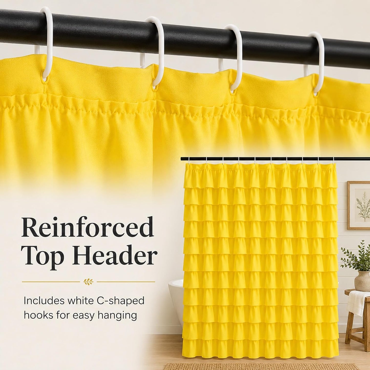 Ruffle Shower Curtain,84-inches Extra Long, Yellow Ruffled Bath Curtains for Bathroom, Fabric Farmhouse Decor, Soft Touch Decorative Cloth Texture, (72 inch Wide,1 Panel)