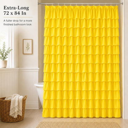 Ruffle Shower Curtain,84-inches Extra Long, Yellow Ruffled Bath Curtains for Bathroom, Fabric Farmhouse Decor, Soft Touch Decorative Cloth Texture, (72 inch Wide,1 Panel)