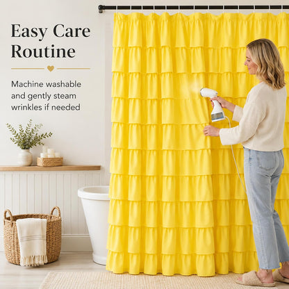 Ruffle Shower Curtain,84-inches Extra Long, Yellow Ruffled Bath Curtains for Bathroom, Fabric Farmhouse Decor, Soft Touch Decorative Cloth Texture, (72 inch Wide,1 Panel)