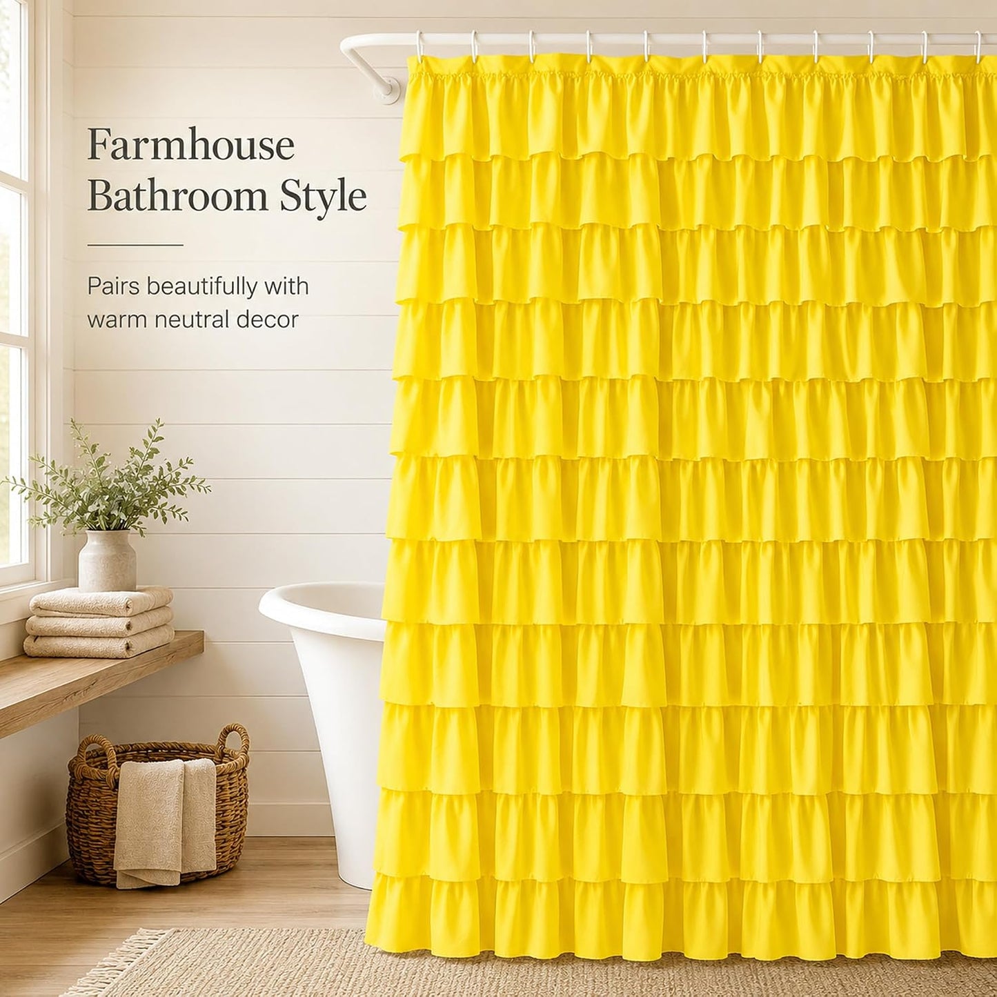 Ruffle Shower Curtain,84-inches Extra Long, Yellow Ruffled Bath Curtains for Bathroom, Fabric Farmhouse Decor, Soft Touch Decorative Cloth Texture, (72 inch Wide,1 Panel)