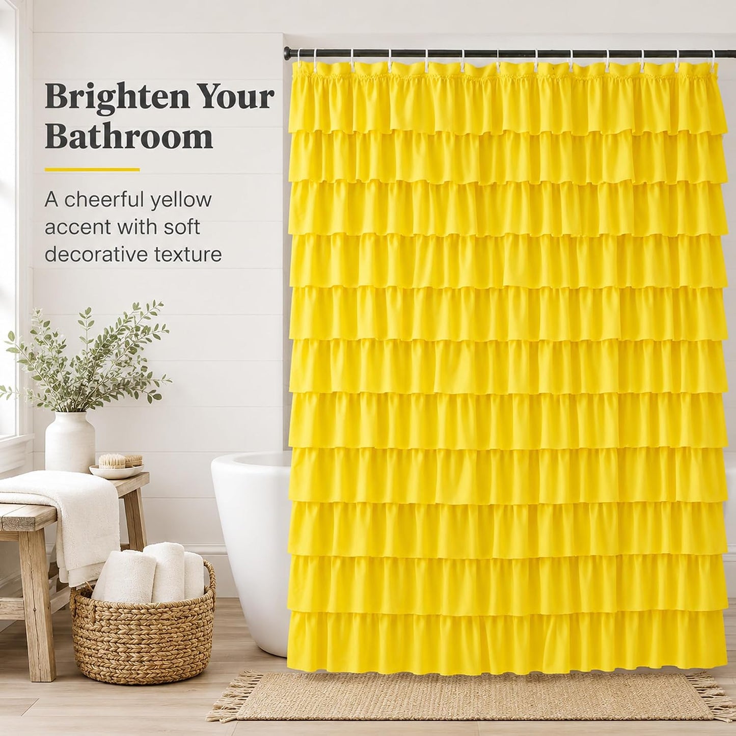 Ruffle Shower Curtain,84-inches Extra Long, Yellow Ruffled Bath Curtains for Bathroom, Fabric Farmhouse Decor, Soft Touch Decorative Cloth Texture, (72 inch Wide,1 Panel)