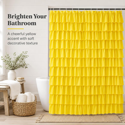 Ruffle Shower Curtain,84-inches Extra Long, Yellow Ruffled Bath Curtains for Bathroom, Fabric Farmhouse Decor, Soft Touch Decorative Cloth Texture, (72 inch Wide,1 Panel)
