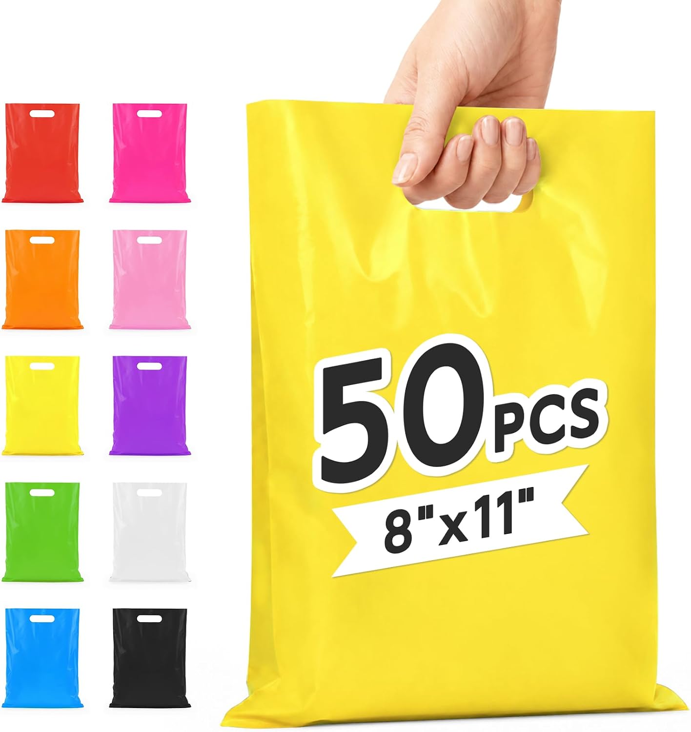 50 Pcs Yellow Party Favor Gift Bags 8x11, Small Goodie Bag Bulk | Reusable Plastic Pouch with Handle for Kids Birthday, Jewelry Candy Treat Books Packaging, Wedding Parties & Small Business