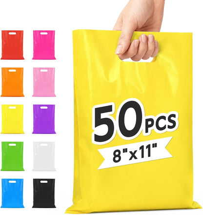 50 Pcs Yellow Party Favor Gift Bags 8x11, Small Goodie Bag Bulk | Reusable Plastic Pouch with Handle for Kids Birthday, Jewelry Candy Treat Books Packaging, Wedding Parties & Small Business