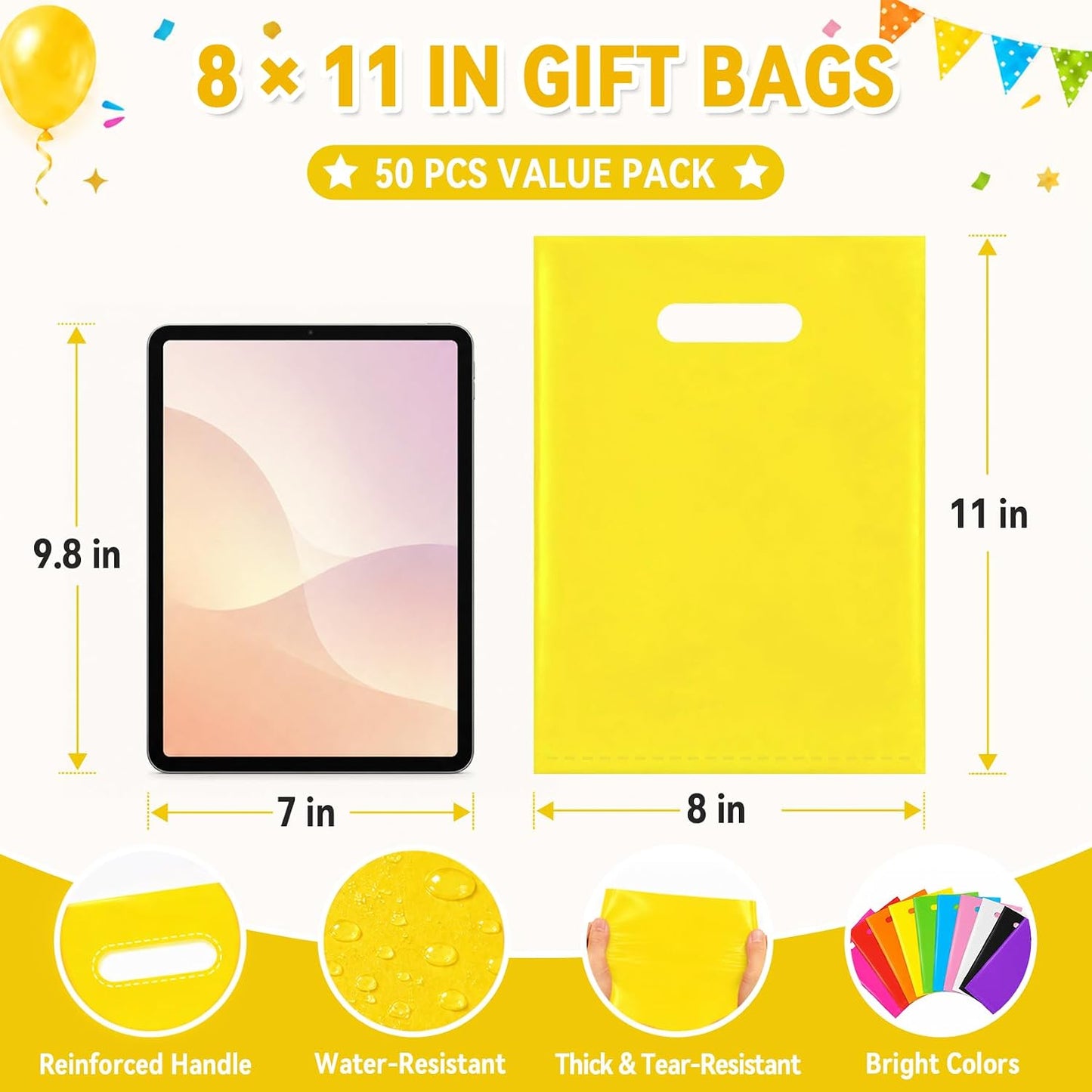 50 Pcs Yellow Party Favor Gift Bags 8x11, Small Goodie Bag Bulk | Reusable Plastic Pouch with Handle for Kids Birthday, Jewelry Candy Treat Books Packaging, Wedding Parties & Small Business
