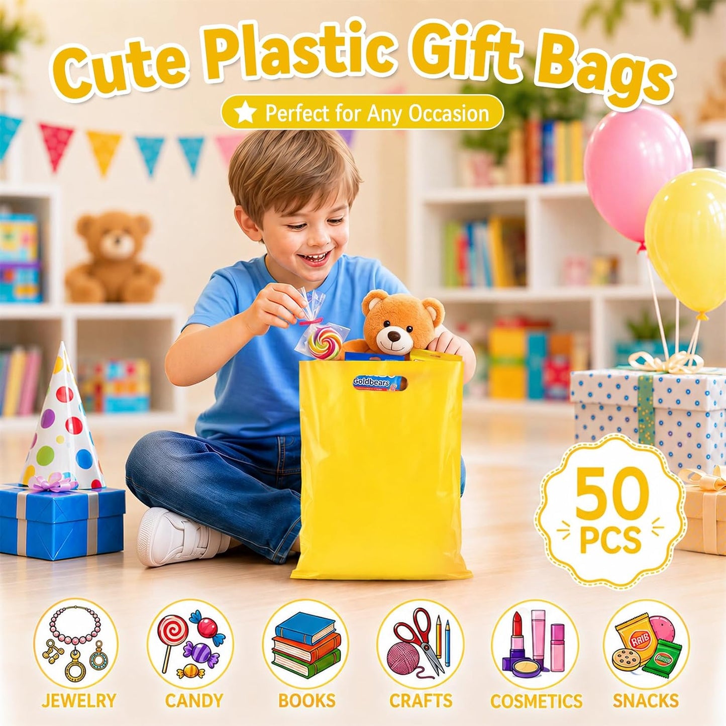50 Pcs Yellow Party Favor Gift Bags 8x11, Small Goodie Bag Bulk | Reusable Plastic Pouch with Handle for Kids Birthday, Jewelry Candy Treat Books Packaging, Wedding Parties & Small Business