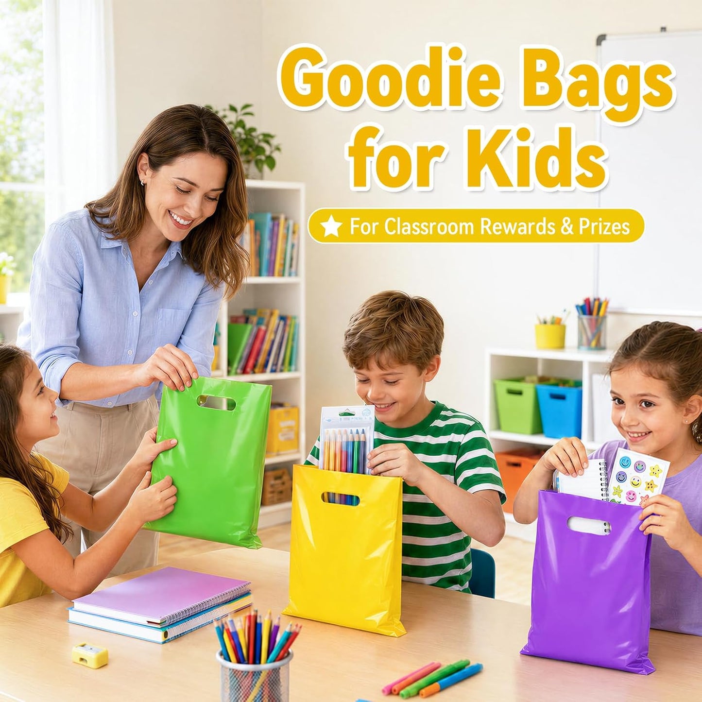 50 Pcs Yellow Party Favor Gift Bags 8x11, Small Goodie Bag Bulk | Reusable Plastic Pouch with Handle for Kids Birthday, Jewelry Candy Treat Books Packaging, Wedding Parties & Small Business