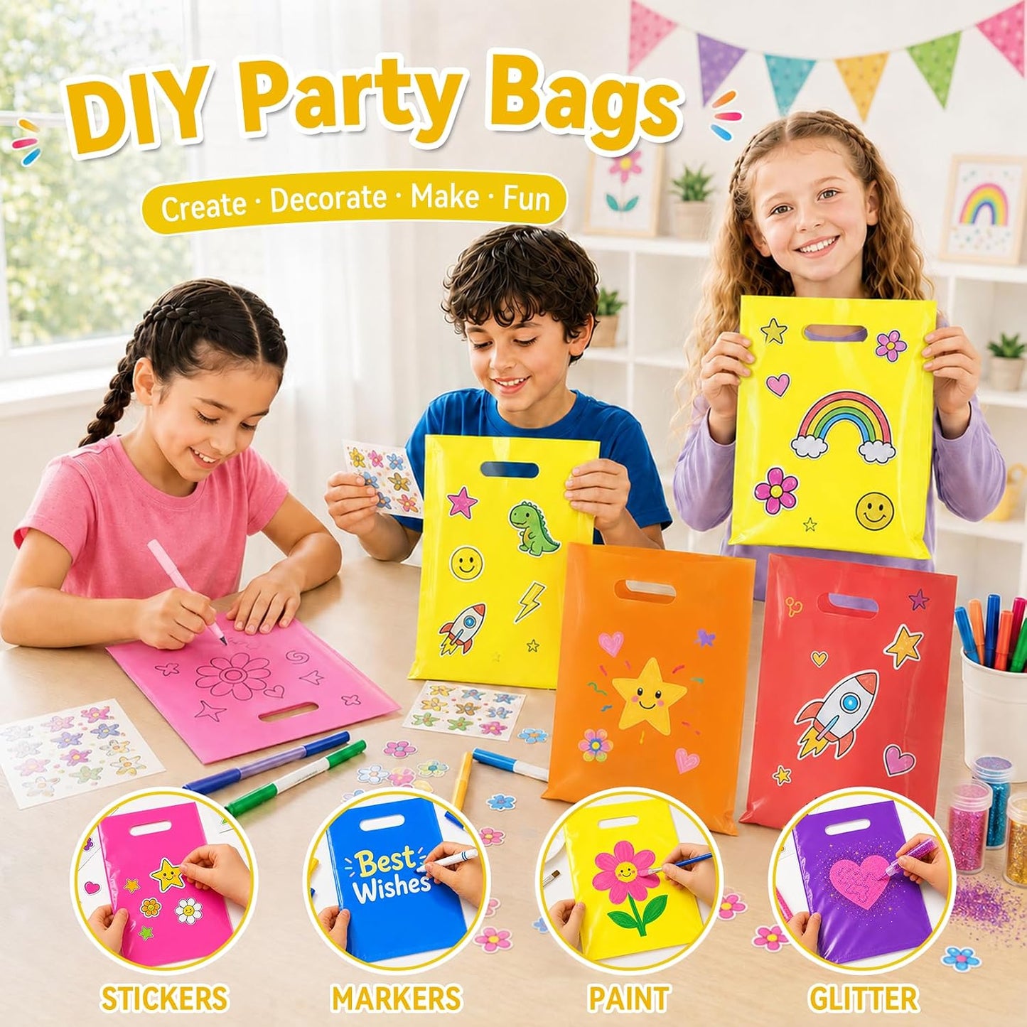 50 Pcs Yellow Party Favor Gift Bags 8x11, Small Goodie Bag Bulk | Reusable Plastic Pouch with Handle for Kids Birthday, Jewelry Candy Treat Books Packaging, Wedding Parties & Small Business